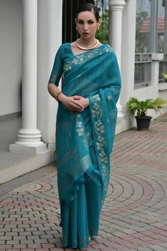 Women rama blue linen silk blend handloom saree