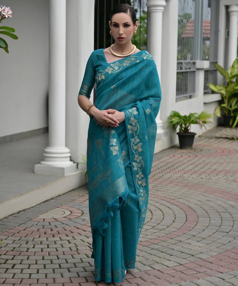 Women rama blue linen silk blend handloom saree