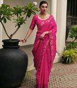 Women pink linen silk blend handloom saree