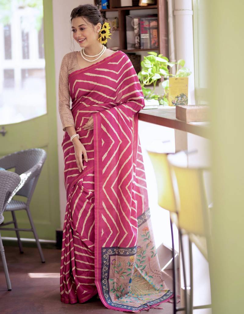 Women pink Art silk handloom saree