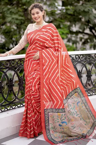 Women orange Art silk handloom saree