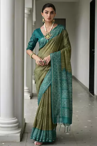 Women green Art silk handloom saree