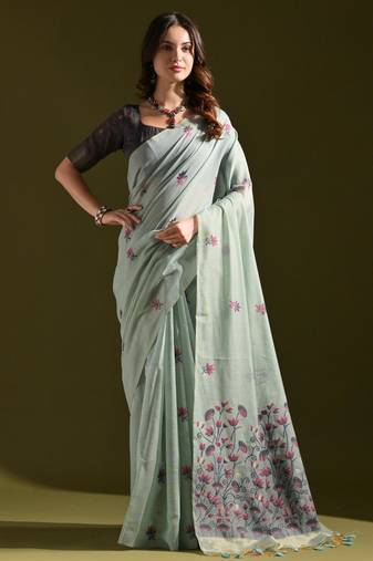 Women grey cotton handloom saree