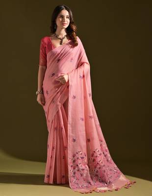 Women pink cotton handloom saree 1