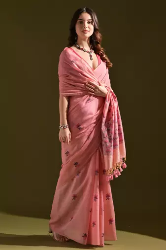 Women pink cotton handloom saree