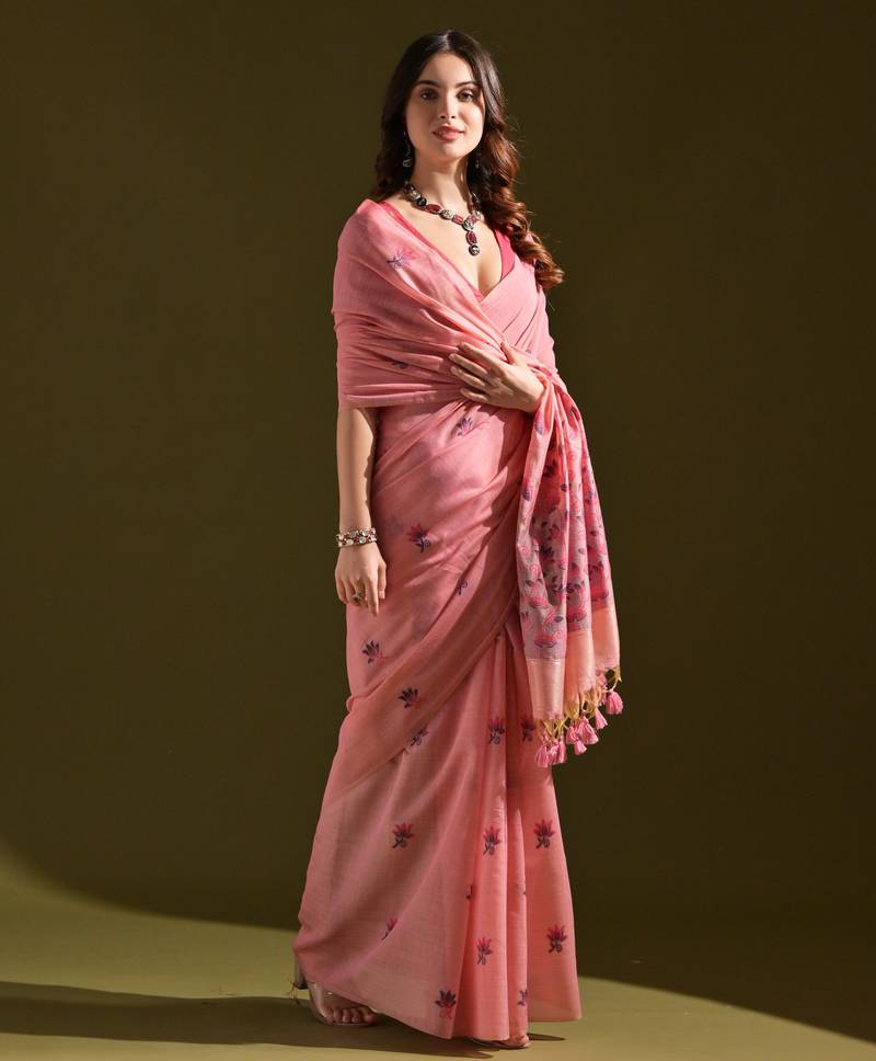 Women pink cotton handloom saree