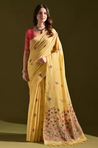Women yellow cotton handloom saree