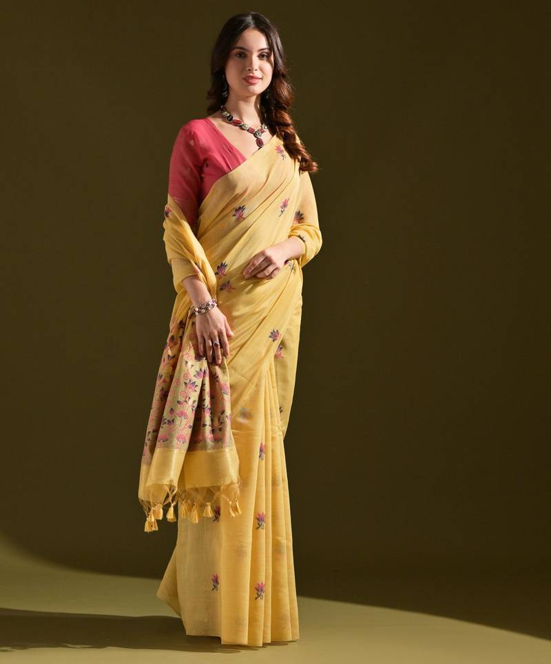 Women yellow cotton handloom saree