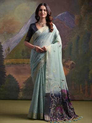 Women grey Art silk handloom saree 1