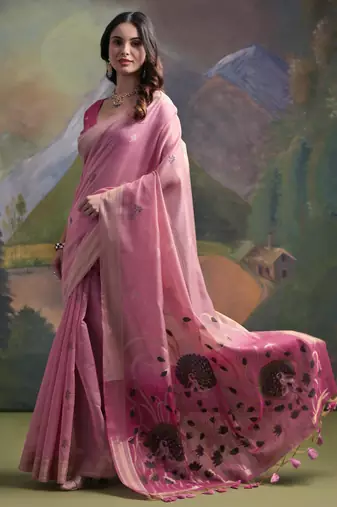 Women pink Art silk handloom saree