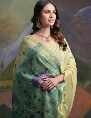 Women yellow Art silk handloom saree 3