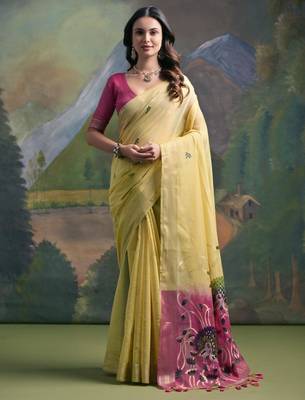 Women yellow Art silk handloom saree 1