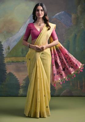 Women yellow Art silk handloom saree 2