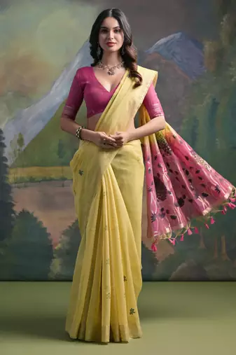 Women yellow Art silk handloom saree