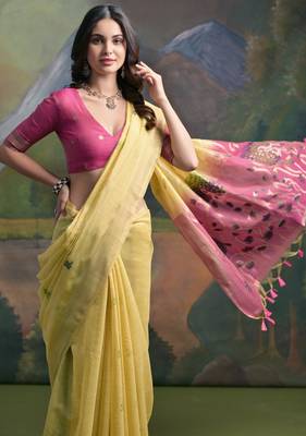 Women yellow Art silk handloom saree 3