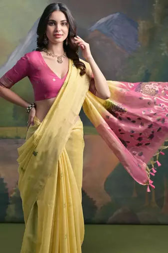 Women yellow Art silk handloom saree