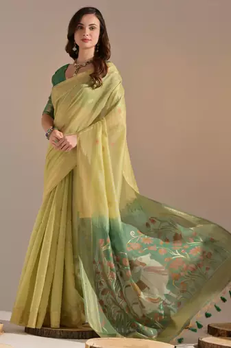 Women yellow cotton handloom saree
