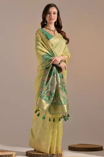 Women yellow cotton handloom saree