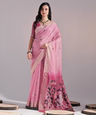 Women pink cotton handloom saree 1