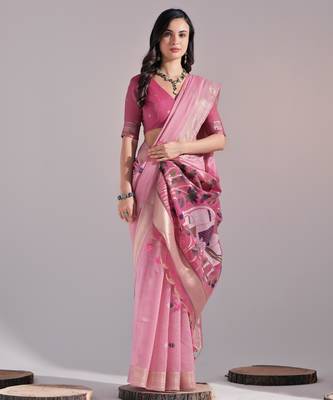 Women pink cotton handloom saree 2
