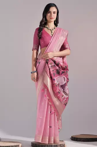 Women pink cotton handloom saree