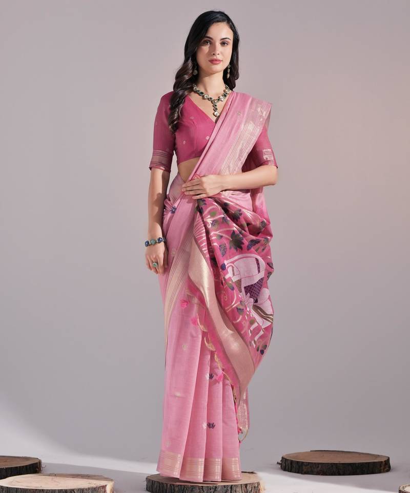 Women pink cotton handloom saree