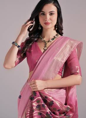 Women pink cotton handloom saree 3