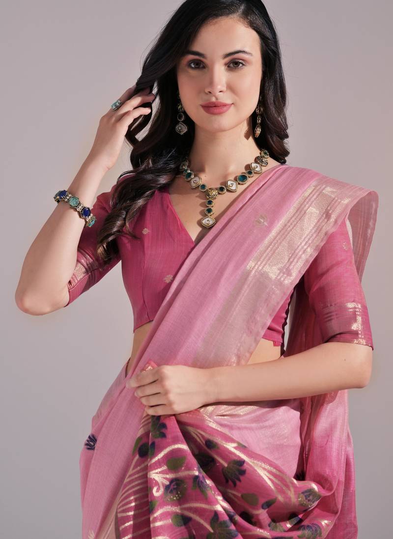 Women pink cotton handloom saree