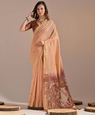 Women peach cotton handloom saree 1