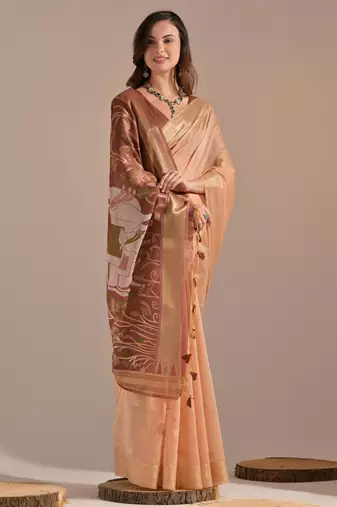 Women peach cotton handloom saree