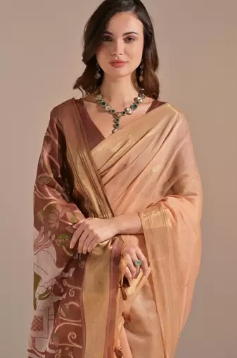 Women peach cotton handloom saree