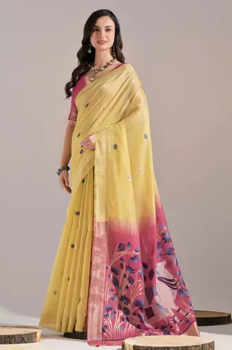 Women yellow cotton handloom saree
