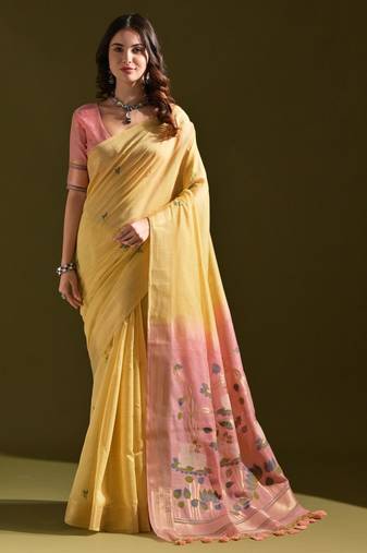 Women yellow cotton handloom saree