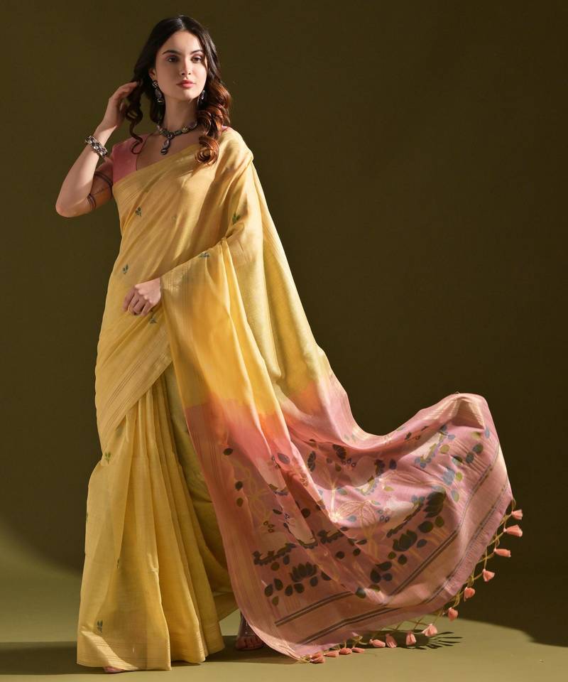 Women yellow cotton handloom saree