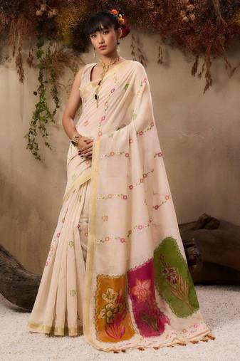 Women cream cotton handloom saree