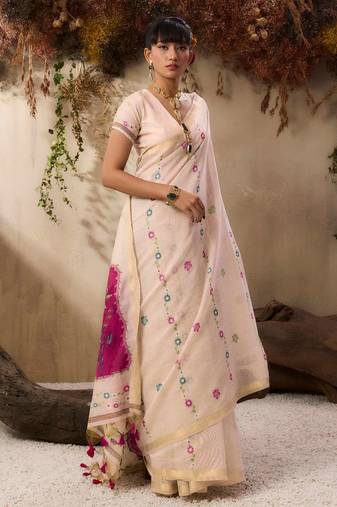 Women cream cotton handloom saree