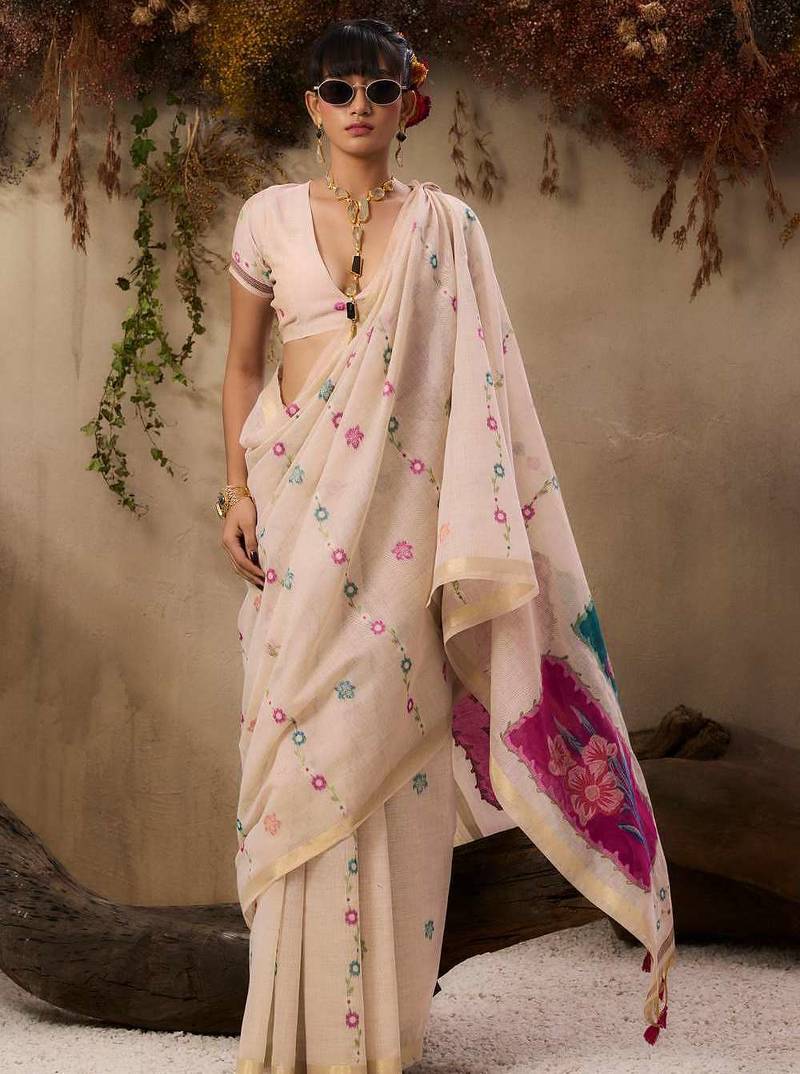 Women cream cotton handloom saree