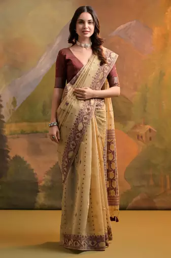 Women beige cotton handloom saree