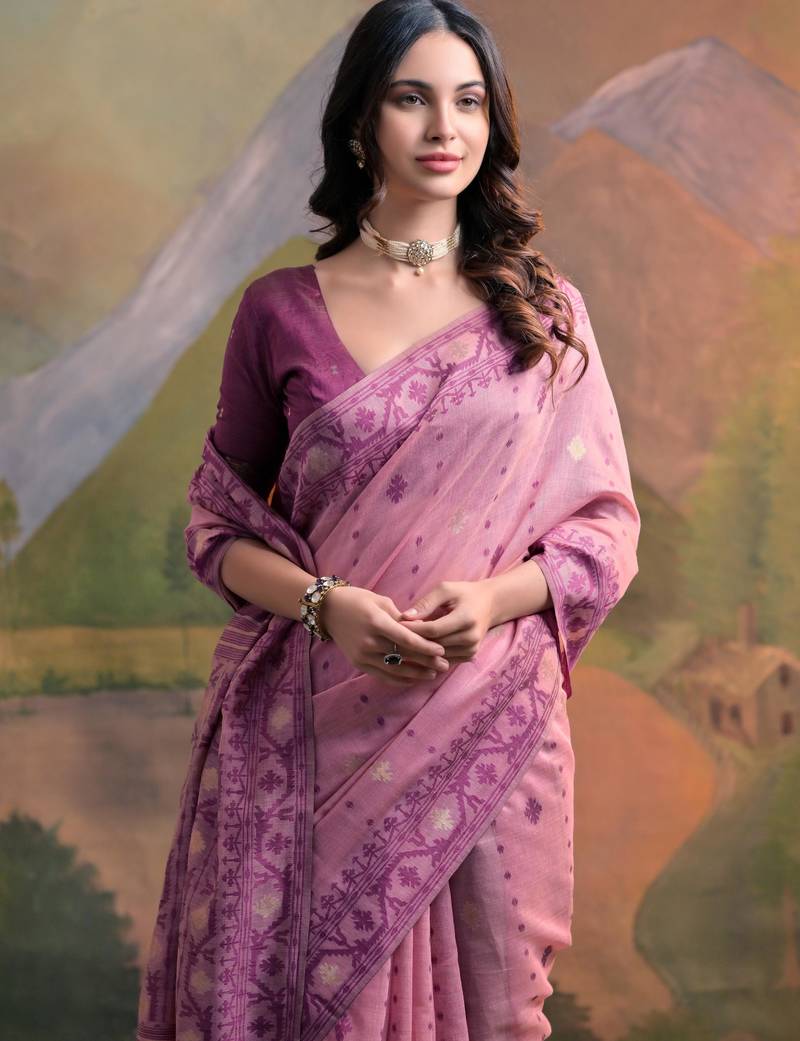 Women light pink cotton handloom saree