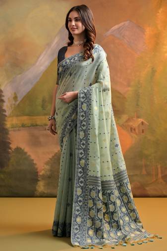 Women light green cotton handloom saree