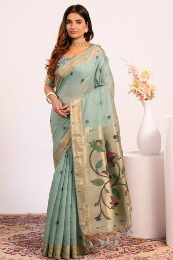 Women firozi cotton handloom saree