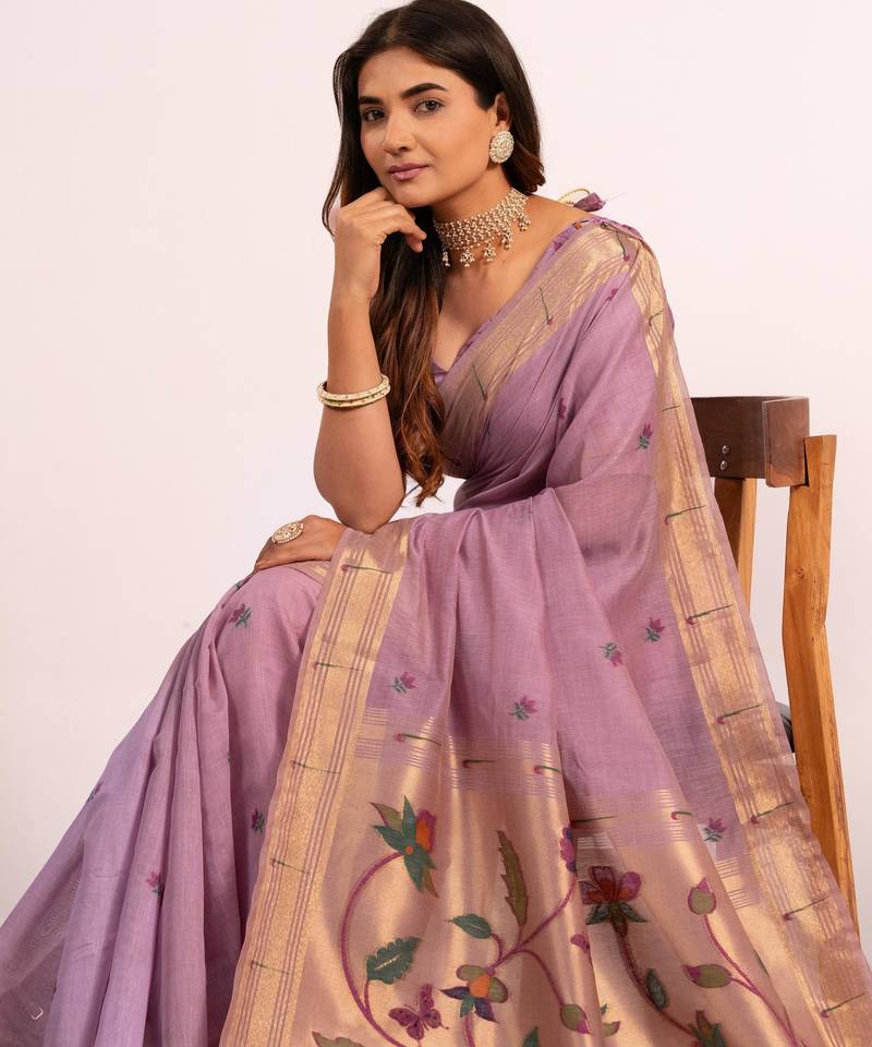Women purple cotton handloom saree