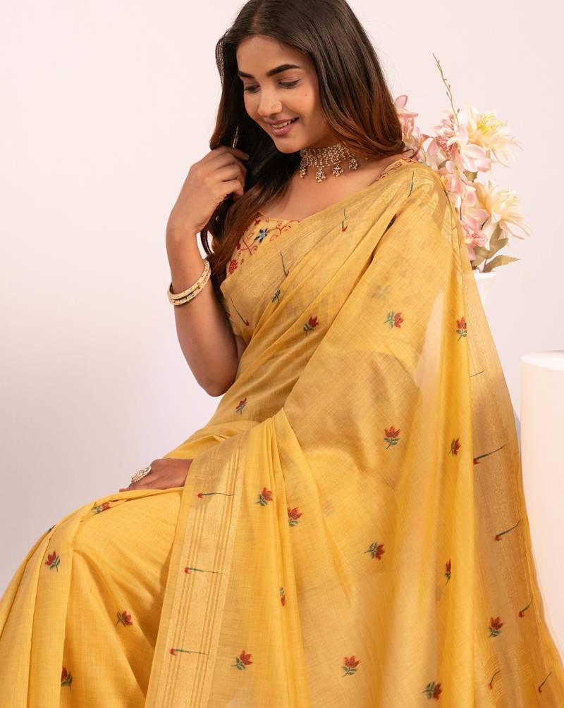 Women yellow cotton handloom saree