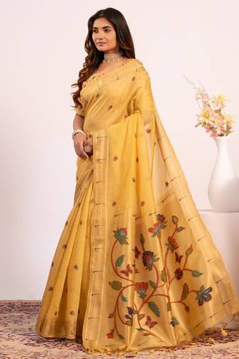 Women yellow cotton handloom saree