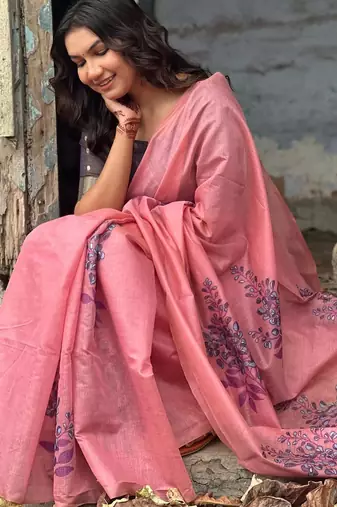 Women pink Art silk handloom saree