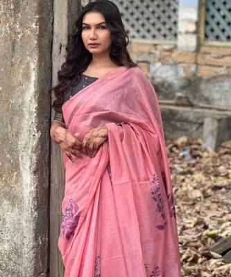 Women pink Art silk handloom saree 4