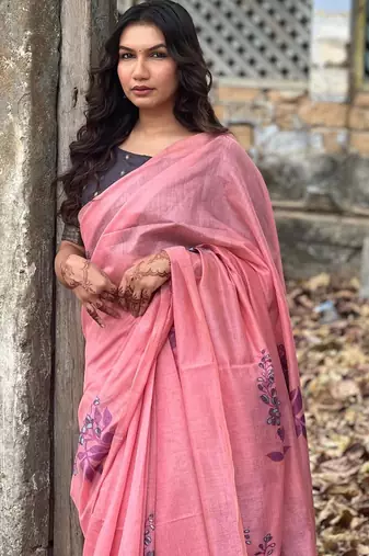 Women pink Art silk handloom saree