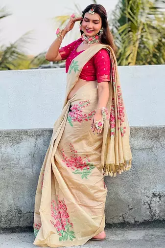 Women beige Art silk handloom saree