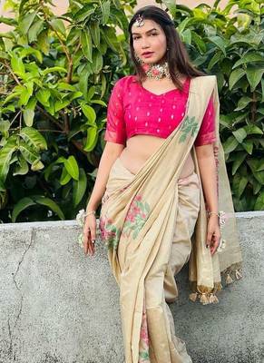 Women beige Art silk handloom saree 3
