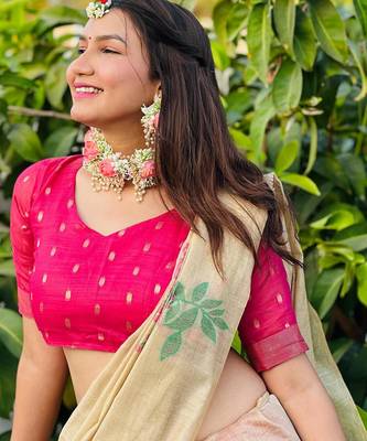 Women beige Art silk handloom saree 4
